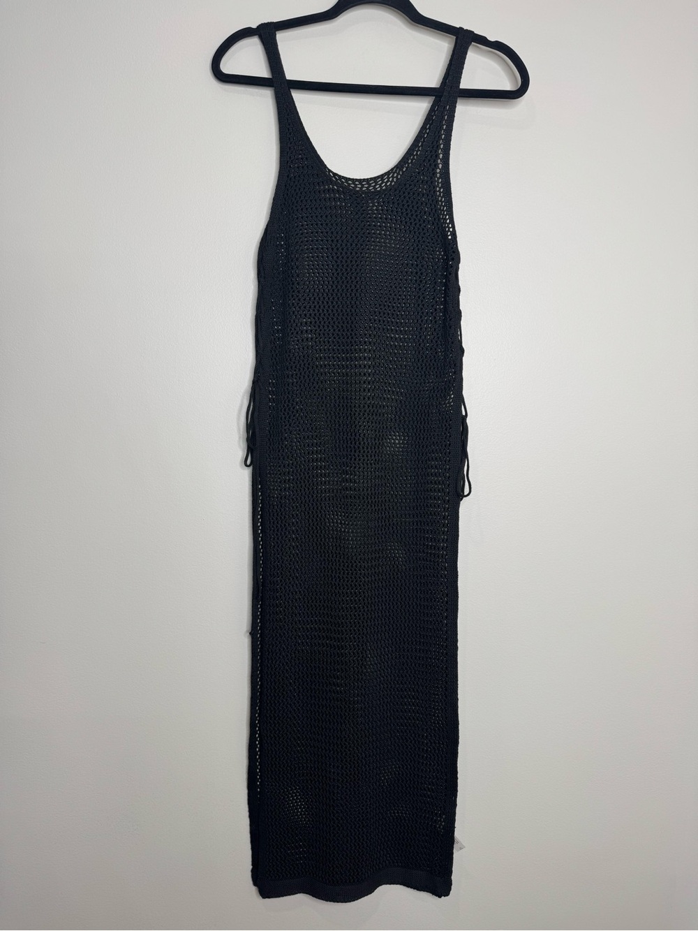 Crochet Boho Knit Black Lace‎ Side Tank Swim Coverup Popover Maxi Dress Beach